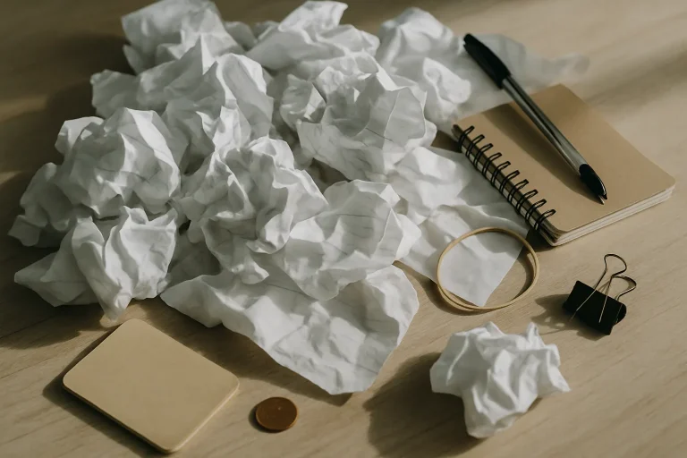 Gros plan sur des papiers froissés et objets divers dans un appartement encombré.