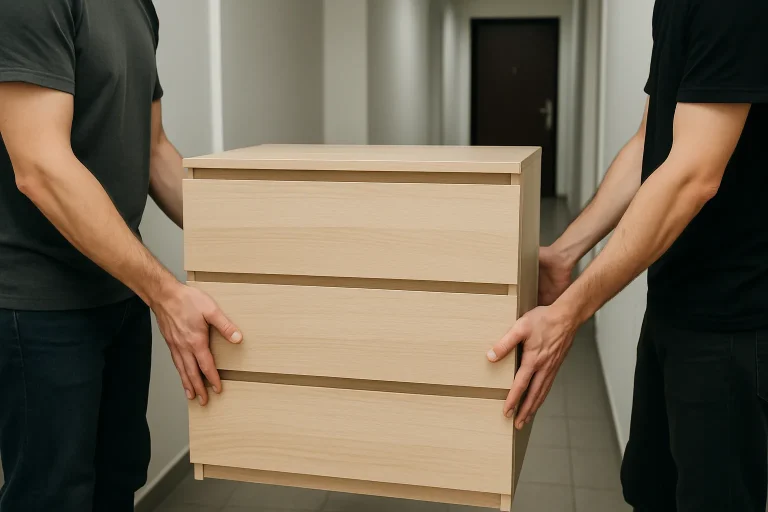 Des mains de déménageurs en train de déplacer un meuble dans un couloir d'immeuble à Massy.