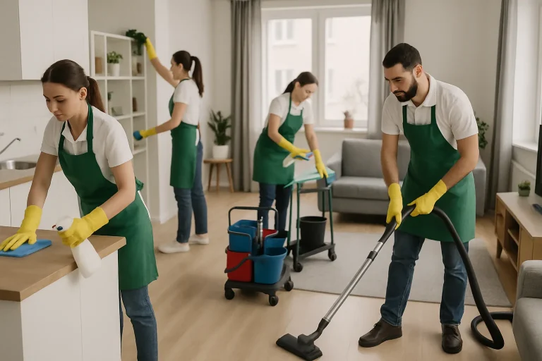 Équipe de nettoyage en action dans un appartement à Évry-Courcouronnes, équipement visible.