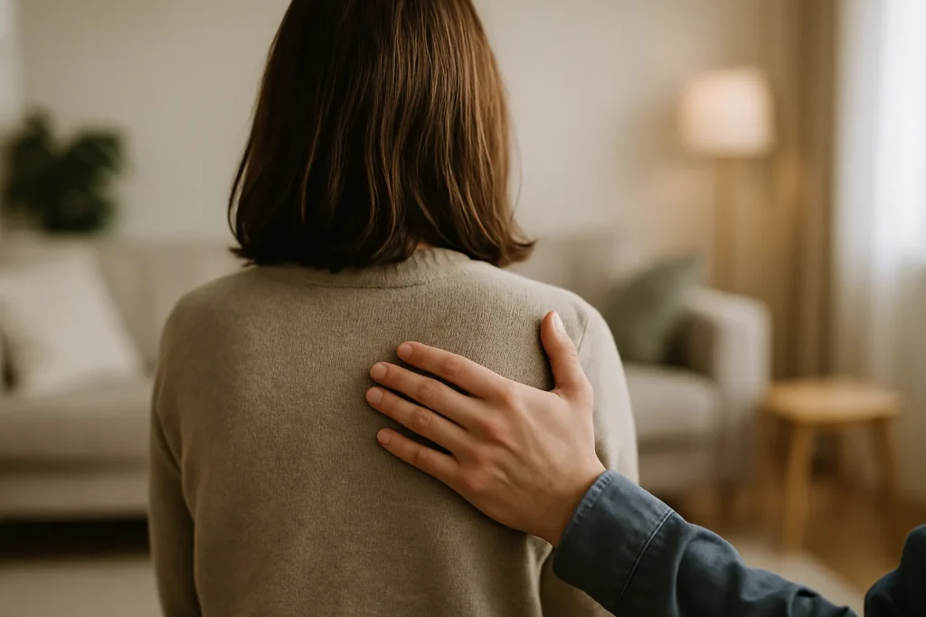 Silhouette de dos réconfortant une personne dans un salon flou, lumière douce.