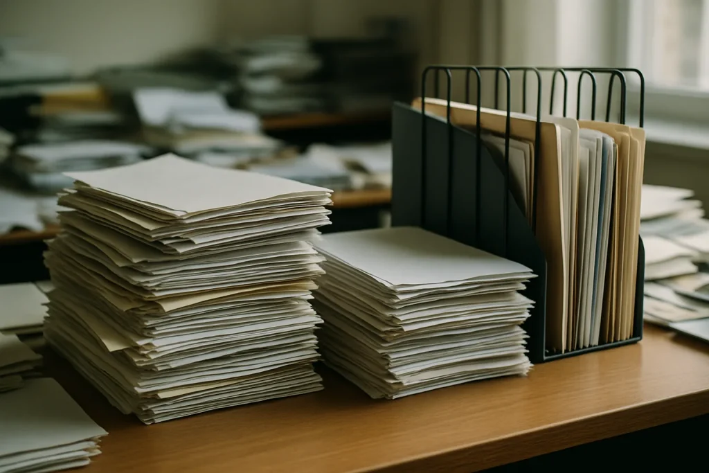 Bureau couvert de papiers administratifs avec un trieur visible en lumière naturelle