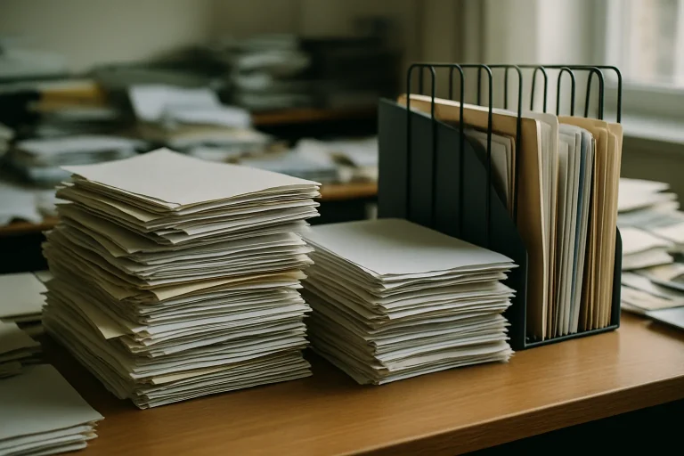 Bureau couvert de papiers administratifs avec un trieur visible en lumière naturelle