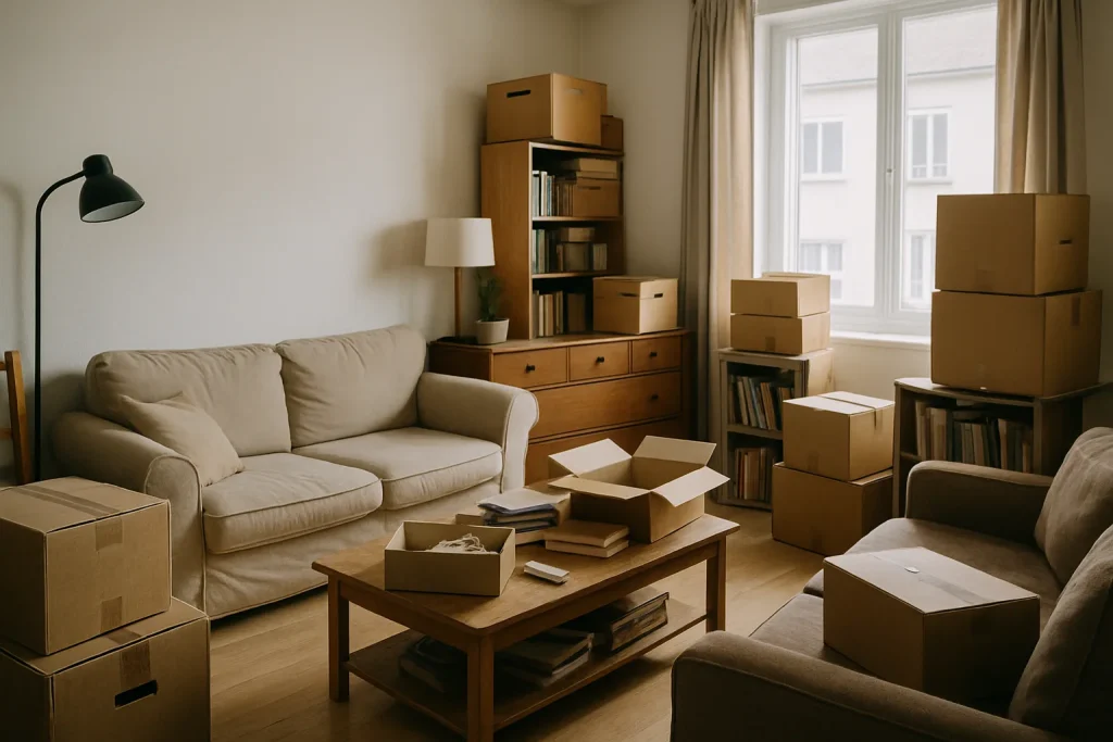 Salon d'une maison familiale à Arpajon encombré de meubles et cartons.