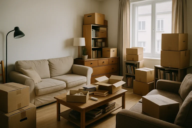 Salon d'une maison familiale à Arpajon encombré de meubles et cartons.