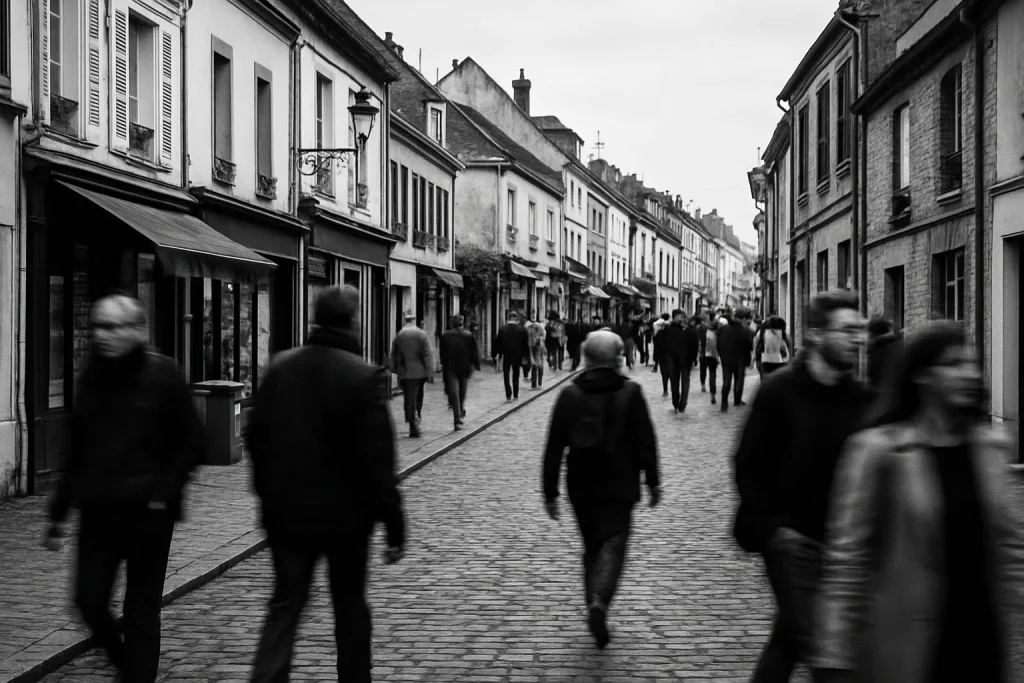 Rue animée en Essonne avec passants flous, photo noir et blanc