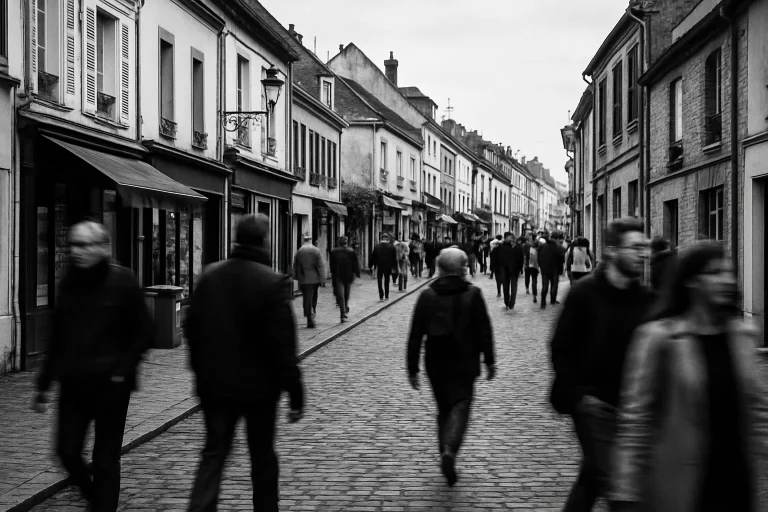 Rue animée en Essonne avec passants flous, photo noir et blanc