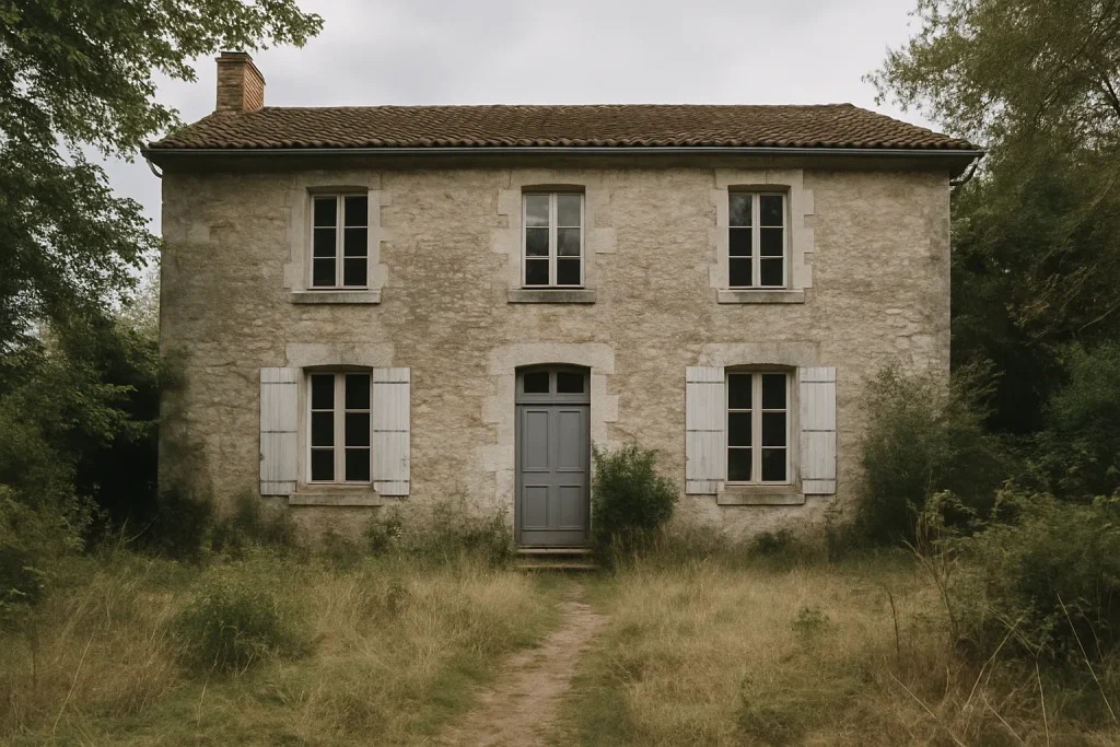 Façade d'une maison ancienne entourée d'un jardin non entretenu.