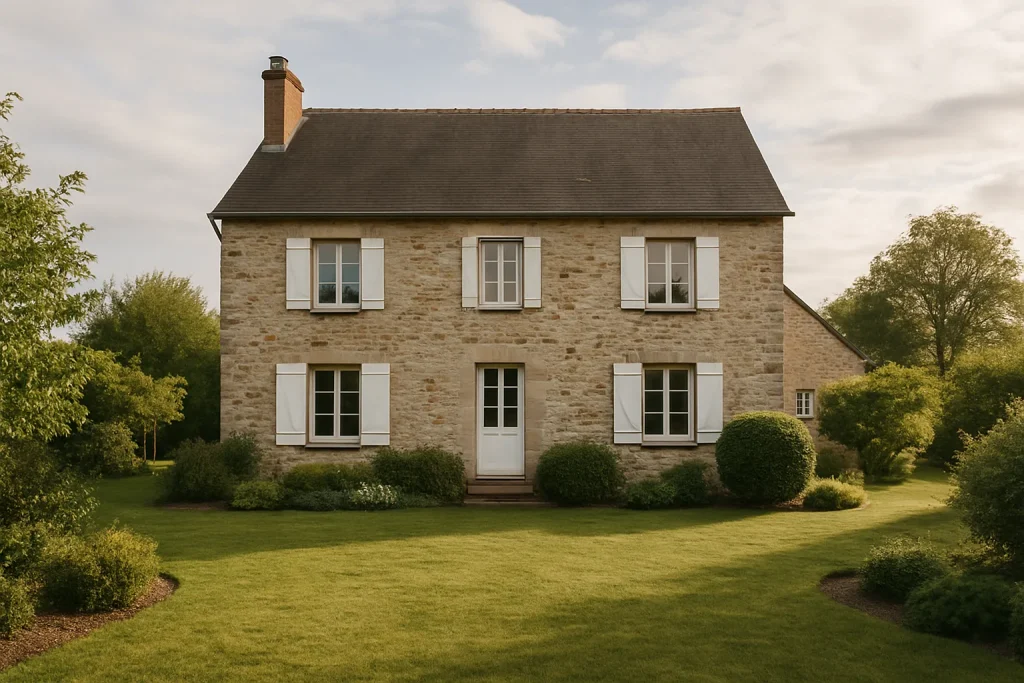 Maison en pierre avec jardin à Dourdan, éclairée par la lumière matinale