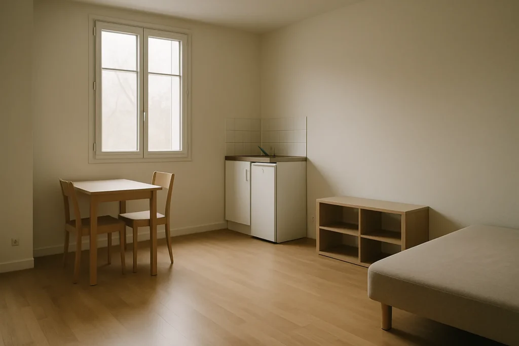 Studio à Orsay, lumineuse avec parquet clair et meubles minimalistes.