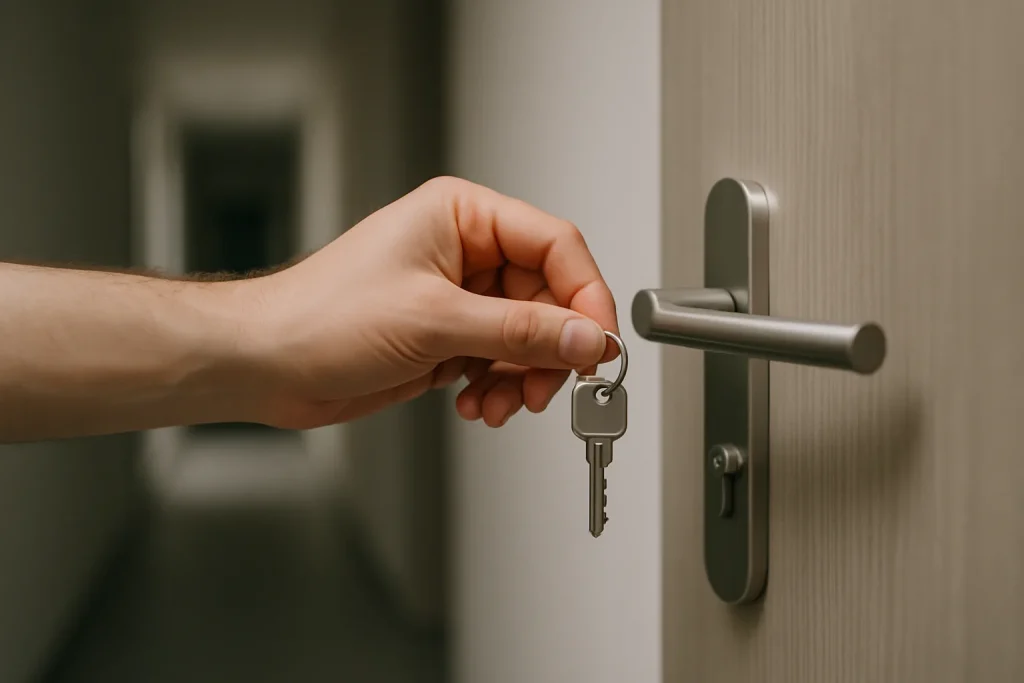 Main tenant une clé devant une porte d'appartement, symbolisant l'autorisation de débarras après décès.