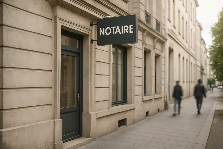 Façade d'un cabinet notarial en journée, enseigne visible, rue calme.